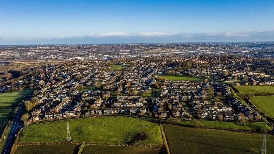 Winlaton and the surrounding fields seen from the air, with Tyneside beyond